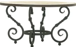Casa Padrino Luxus Barock Esstisch Beige / Grau - Runder handgefertigter Schmiedeeisen Gartentisch mit Naturstein Mosaik Fliesen Tischplatte - Garten Terrassen Esszimmer Möbel