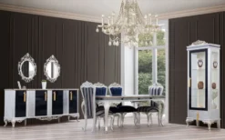 Casa Padrino Luxus Barock Esszimmer Set Blau / Silber - 1 Esstisch & 6 Esszimmerstühle - Handgefertigte Barock Esszimmer Möbel