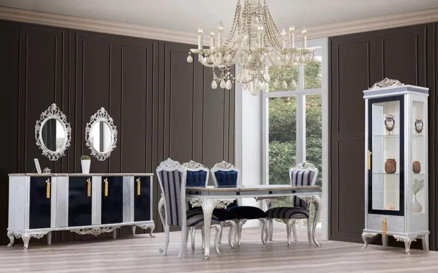 Casa Padrino Luxus Barock Esszimmer Set Blau / Silber - 1 Esstisch & 6 Esszimmerstühle - Handgefertigte Barock Esszimmer Möbel