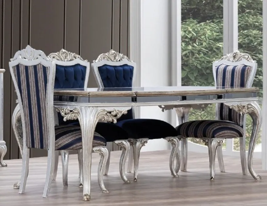 Casa Padrino Luxus Barock Esszimmer Set Blau / Silber - 1 Esstisch & 6 Esszimmerstühle - Handgefertigte Barock Esszimmer Möbel