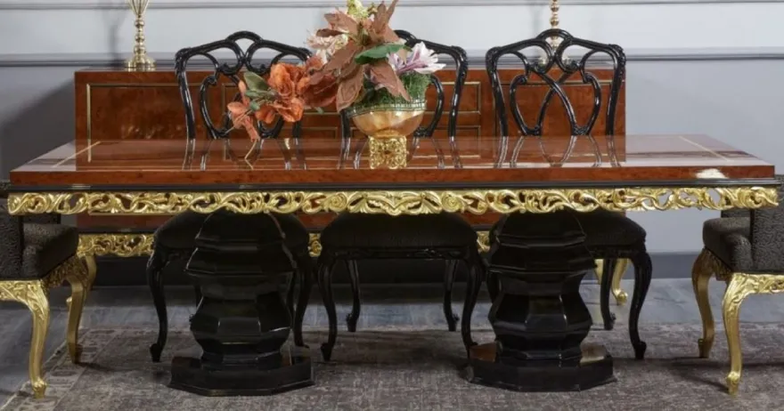Casa Padrino Luxus Barock Esstisch Braun / Schwarz / Gold - Handgefertigter Massivholz Esszimmertisch - Luxus Esszimmer Möbel im Barockstil - Barock Möbel - Barock Einrichtung