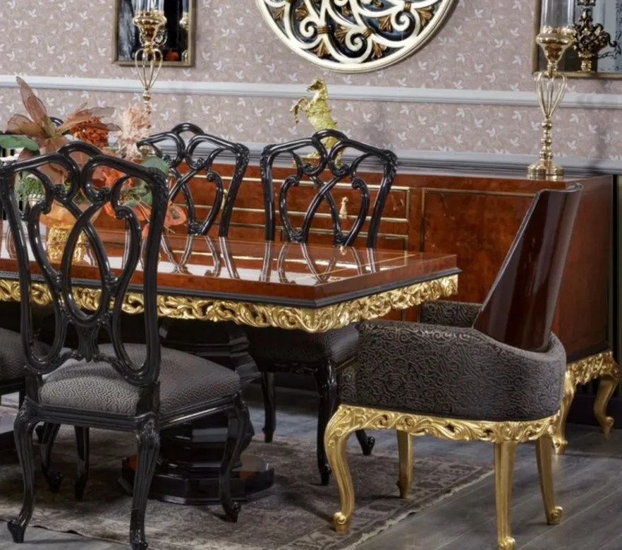 Casa Padrino Luxus Barock Esstisch Braun / Schwarz / Gold - Handgefertigter Massivholz Esszimmertisch - Luxus Esszimmer Möbel im Barockstil - Barock Möbel - Barock Einrichtung