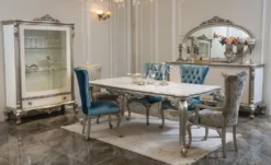 Casa Padrino Luxus Barock Esstisch Weiß / Silber - Massivholz Küchentisch im Barockstil - Barock Esszimmer Möbel