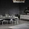 Casa Padrino Luxus Barock Esszimmer Set Grün / Gold / Weiß - 1 Esstisch mit Glasplatte & 6 Esszimmerstühle - Edle Esszimmer Möbel im Barockstil