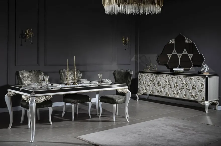 Casa Padrino Luxus Barock Esszimmer Set Grün / Gold / Weiß - 1 Esstisch mit Glasplatte & 6 Esszimmerstühle - Edle Esszimmer Möbel im Barockstil