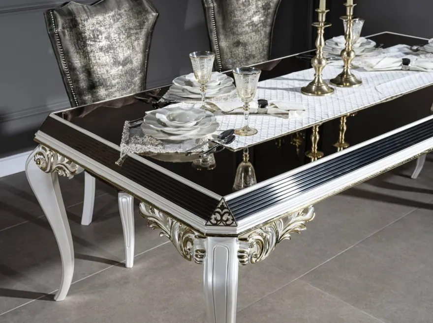 Casa Padrino Luxus Barock Esszimmer Set Grün / Gold / Weiß - 1 Esstisch mit Glasplatte & 6 Esszimmerstühle - Edle Esszimmer Möbel im Barockstil