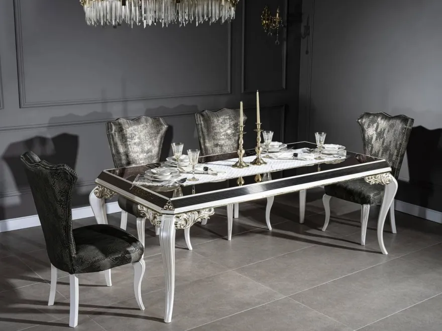 Casa Padrino Luxus Barock Esszimmer Set Grün / Gold / Weiß - 1 Esstisch mit Glasplatte & 6 Esszimmerstühle - Edle Esszimmer Möbel im Barockstil
