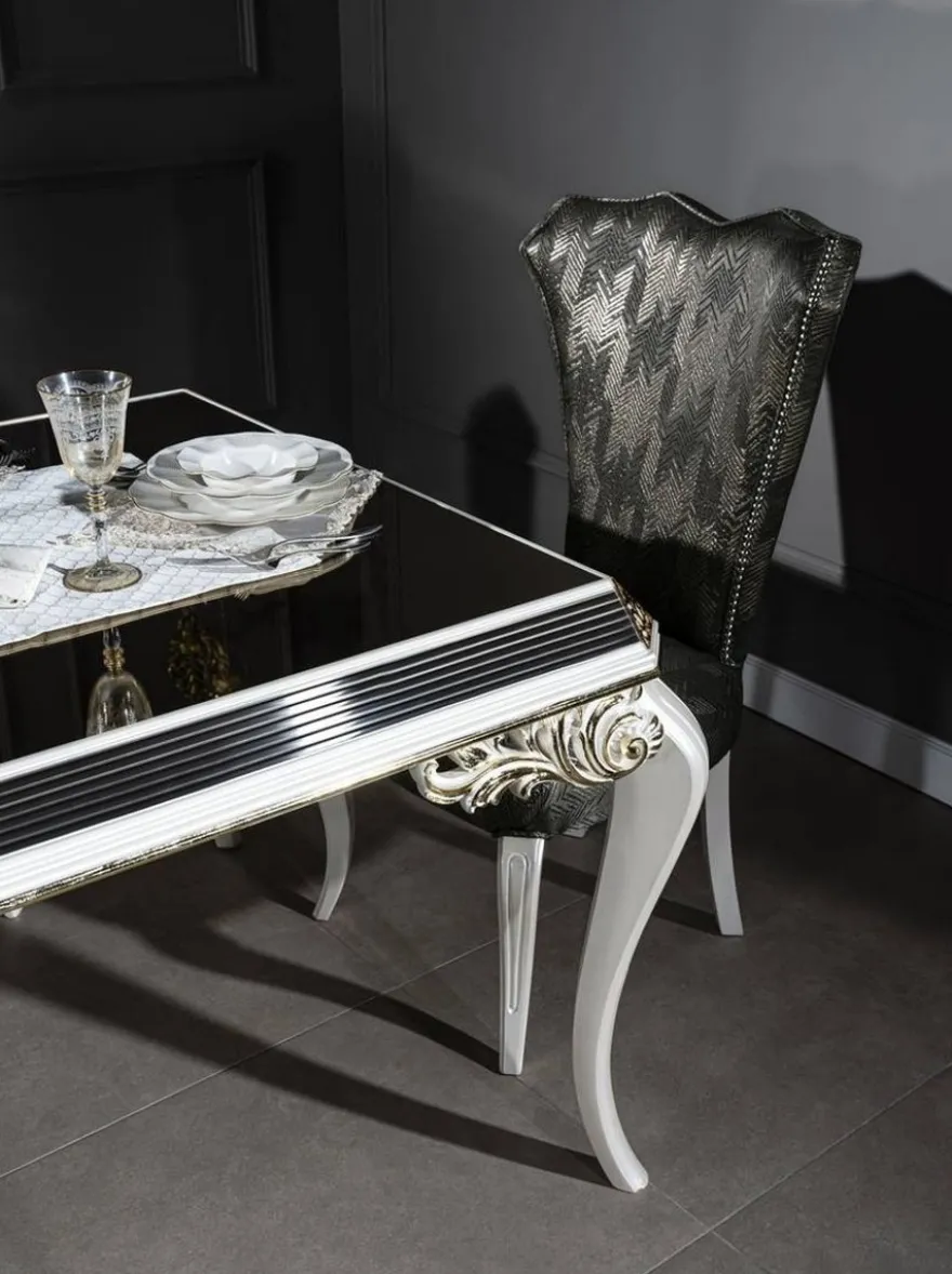 Casa Padrino Luxus Barock Esszimmer Set Grün / Gold / Weiß - 1 Esstisch mit Glasplatte & 6 Esszimmerstühle - Edle Esszimmer Möbel im Barockstil