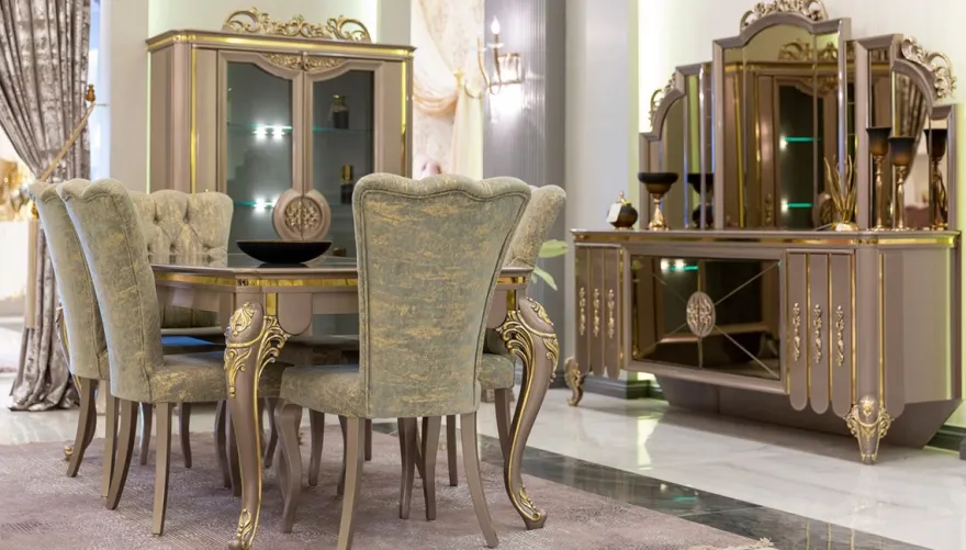 Casa Padrino Luxus Barock Esszimmer Set Grün / Gold / Grau - 1 Esstisch & 6 Esszimmerstühle - Prunkvolle Esszimmermöbel im Barockstil - Luxus Qualität