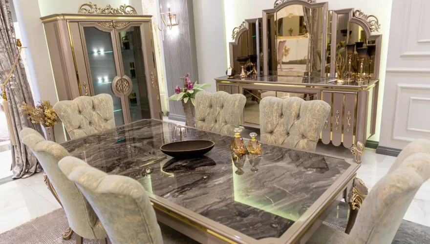 Casa Padrino Luxus Barock Esszimmer Set Grün / Gold / Grau - 1 Esstisch & 6 Esszimmerstühle - Prunkvolle Esszimmermöbel im Barockstil - Luxus Qualität
