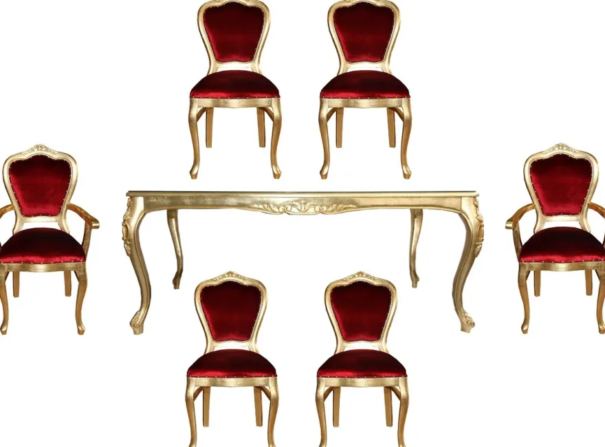Casa Padrino Luxus Barock Esszimmer Set Bordeauxrot / Gold - 1 Esstisch mit Glasplatte und 6 Stühle - Barock Esszimmermöbel - Made in Italy - Luxury Collection
