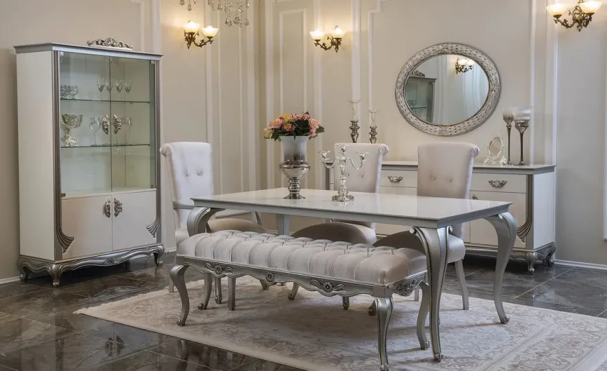 Casa Padrino Luxus Barock Esstisch Weiß / Silber - Eleganter Massivholz Küchentisch im Barockstil - Barock Esszimmer Möbel