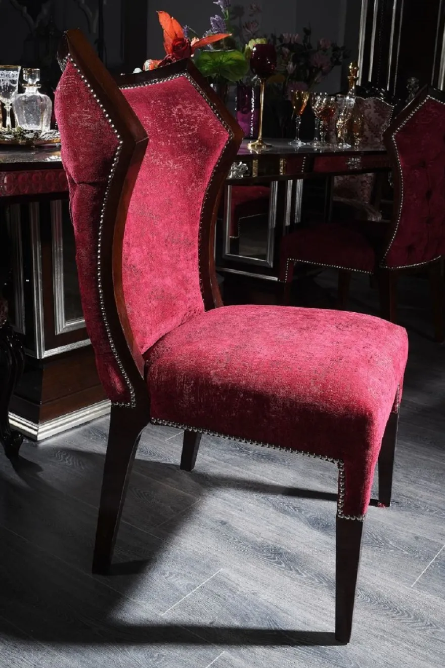 Casa Padrino Luxus Barock Esszimmer Set Bordeauxrot / Dunkelbraun / Silber - 1 Esstisch & 6 Esszimmerstühle - Esszimmer Möbel im Barockstil - Edel & Prunkvoll