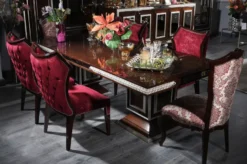 Casa Padrino Luxus Barock Esszimmer Set Bordeauxrot / Dunkelbraun / Silber - 1 Esstisch & 6 Esszimmerstühle - Esszimmer Möbel im Barockstil - Edel & Prunkvoll