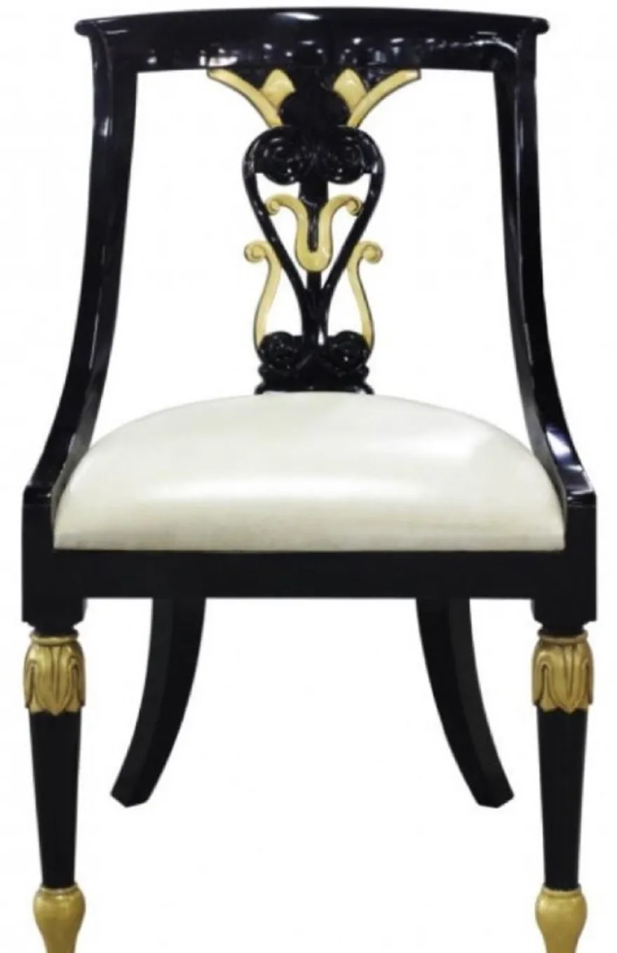 Casa Padrino Luxus Barock Esszimmerstuhl Schwarz / Gold / Weiß 53 x 58 x H. 89 cm - Barock Esszimmermöbel