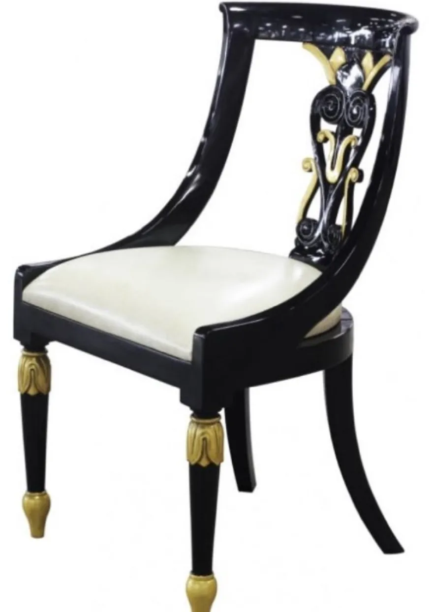 Casa Padrino Luxus Barock Esszimmerstuhl Schwarz / Gold / Weiß 53 x 58 x H. 89 cm - Barock Esszimmermöbel