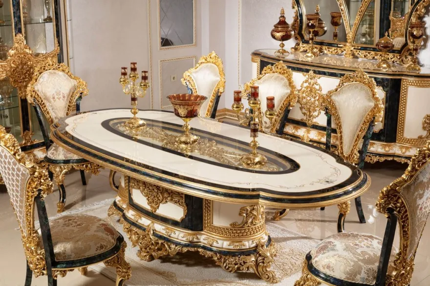 Casa Padrino Luxus Barock Esszimmerstuhl Set Mehrfarbig / Blau / Gold - Handgefertigtes Küchen Stühle 6er Set mit elegantem Muster - Barock Esszimmer Möbel - Edel & Prunkvoll