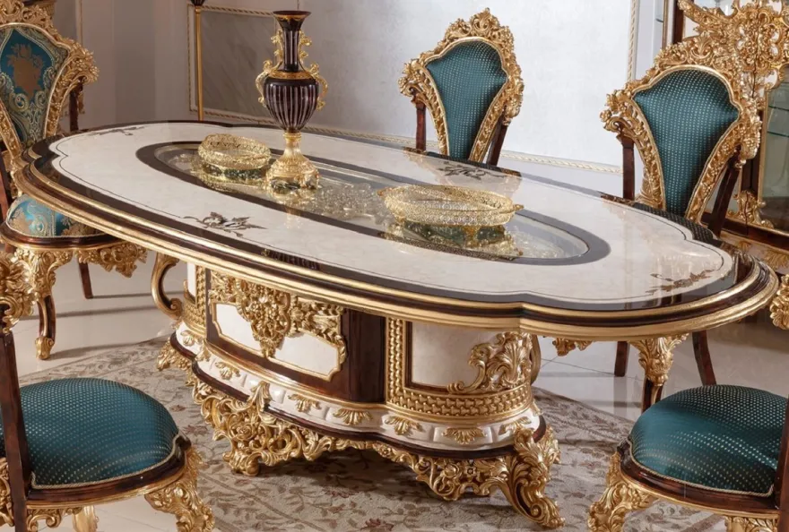 Casa Padrino Luxus Barock Esstisch Weiß / Braun / Gold - Prunkvoller Massivholz Esszimmertisch im Barockstil - Barock Esszimmer Möbel - Edel & Prunkvoll