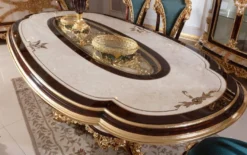 Casa Padrino Luxus Barock Esstisch Weiß / Braun / Gold - Prunkvoller Massivholz Esszimmertisch im Barockstil - Barock Esszimmer Möbel - Edel & Prunkvoll