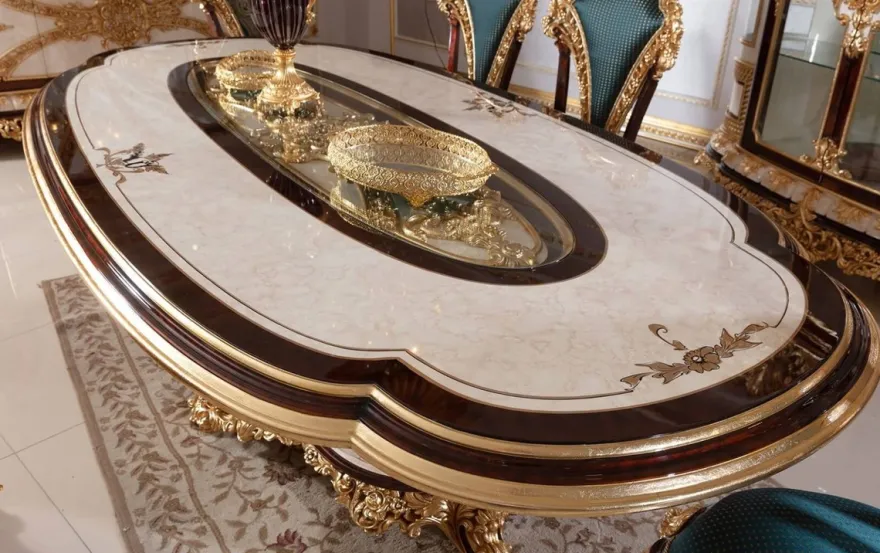 Casa Padrino Luxus Barock Esstisch Weiß / Braun / Gold - Prunkvoller Massivholz Esszimmertisch im Barockstil - Barock Esszimmer Möbel - Edel & Prunkvoll