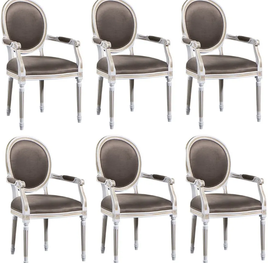 Casa Padrino Luxus Barock Esszimmer Set Weiß / Gold / Grau 59 x 43,5 x H. 98 cm - 6 Esszimmerstühle mit Armlehnen - Esszimmermöbel