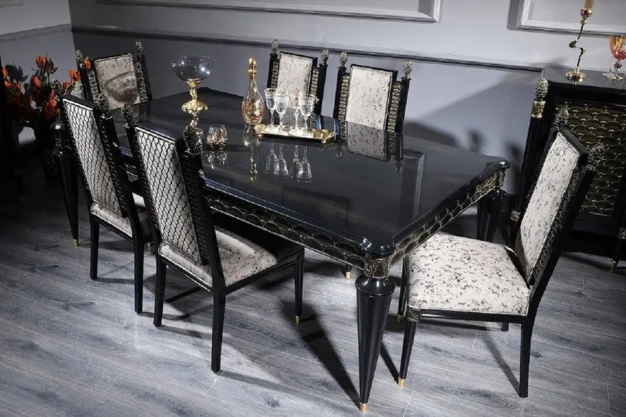 Casa Padrino Luxus Barock Esszimmerstuhl Set Silbergrau / Schwarz / Gold - Handgefertigtes Küchen Stühle 6er Set - Barock Esszimmer Möbel - Edel & Prunkvoll