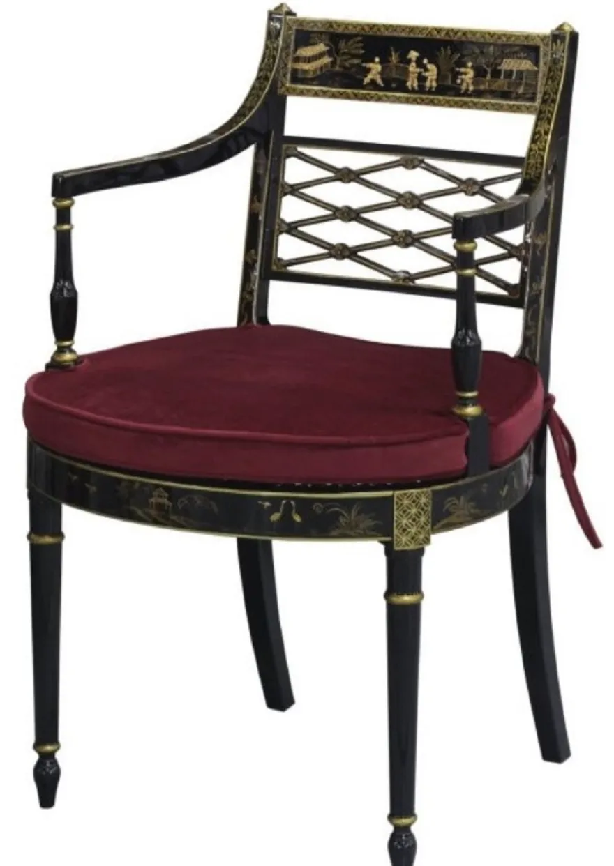 Casa Padrino Luxus Barock Esszimmerstuhl mit Armlehnen Schwarz / Gold / Bordeauxrot 57 x 58 x H. 90 cm - Esszimmermöbel