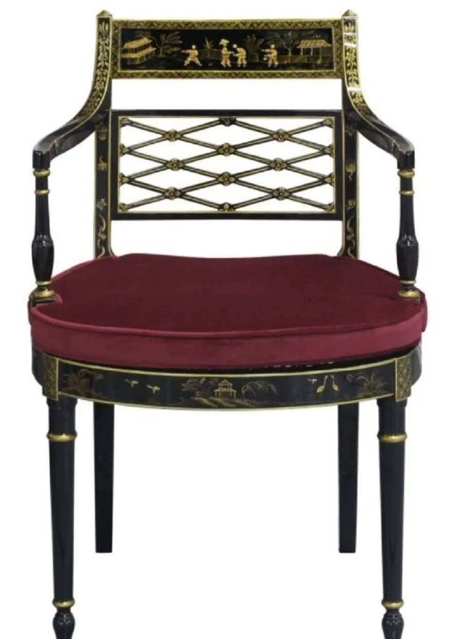 Casa Padrino Luxus Barock Esszimmerstuhl mit Armlehnen Schwarz / Gold / Bordeauxrot 57 x 58 x H. 90 cm - Esszimmermöbel