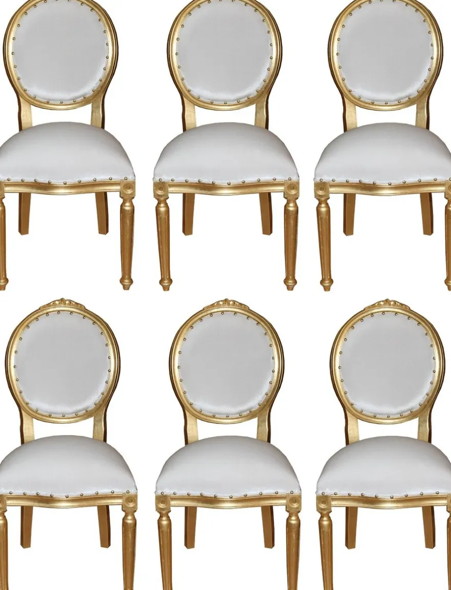 Casa Padrino Luxus Barock Esszimmer Set Medaillon Weiß / Gold 50 x 52 x H. 99 cm - 6 handgefertigte Esszimmerstühle - Barock Esszimmermöbel