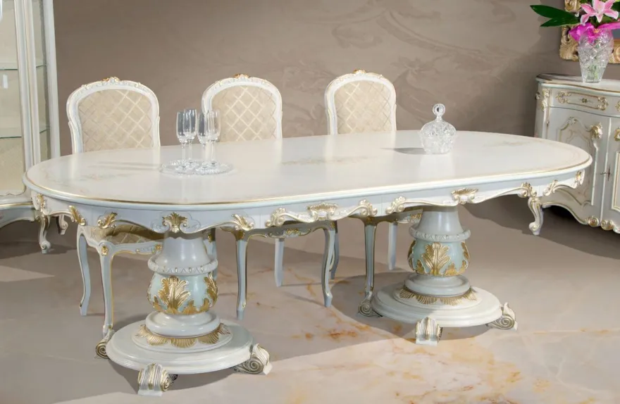Casa Padrino Luxus Barock Esstisch Weiß / Cremefarben / Mehrfarbig / Gold - Ovaler Massivholz Esszimmertisch im Barockstil - Barock Esszimmer Möbel - Luxus Qualität - Made in Italy