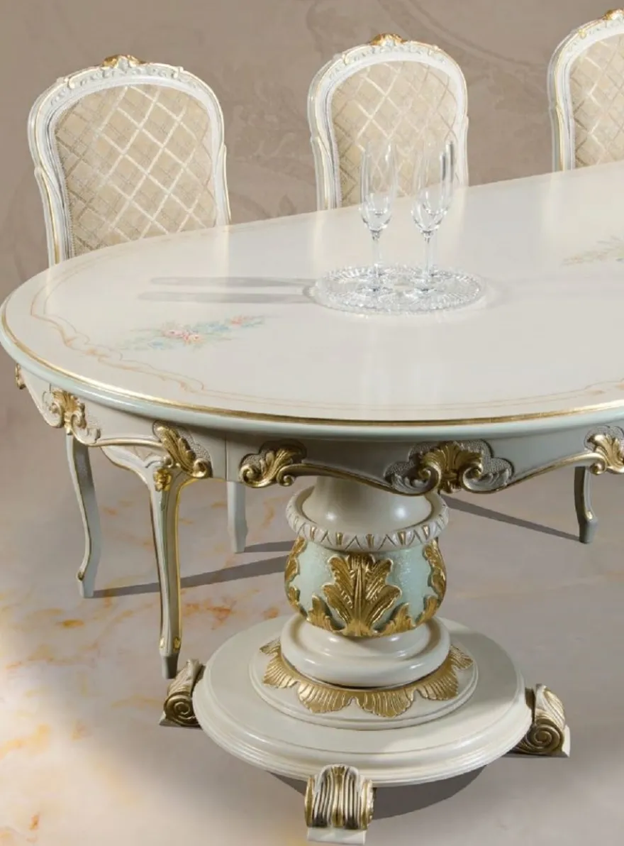 Casa Padrino Luxus Barock Esstisch Weiß / Cremefarben / Mehrfarbig / Gold - Ovaler Massivholz Esszimmertisch im Barockstil - Barock Esszimmer Möbel - Luxus Qualität - Made in Italy
