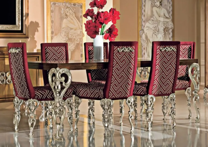 Casa Padrino Luxus Barock Esszimmer Set Braun / Bordeauxrot / Antik Silber - 1 Barock Esstisch & 6 Barock Esszimmerstühle - Luxus Esszimmer Möbel im Barockstil - Luxus Qualität - Made in Italy