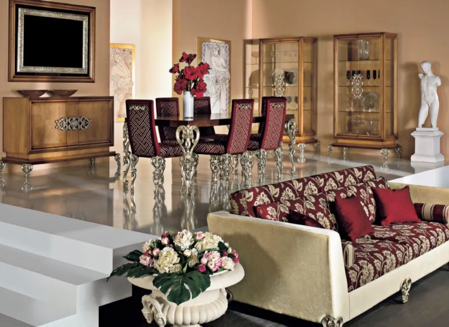 Casa Padrino Luxus Barock Esszimmer Set Braun / Bordeauxrot / Antik Silber - 1 Barock Esstisch & 6 Barock Esszimmerstühle - Luxus Esszimmer Möbel im Barockstil - Luxus Qualität - Made in Italy