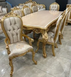 Casa Padrino Luxus Barock Esszimmer Set Beige / Weiß / Silber / Gold - 1 Barock Esstisch & 8 Barock Esszimmerstühle - Luxus Esszimmer Möbel im Barockstil - Prunkvolle Barock Esszimmer Möbel