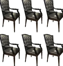 Casa Padrino Luxus Barock Esszimmerstuhl Set Schwarz - 6 Echtleder Küchen Stühle mit Armlehnen - Barock Esszimmer Möbel - Edel & Prunkvoll