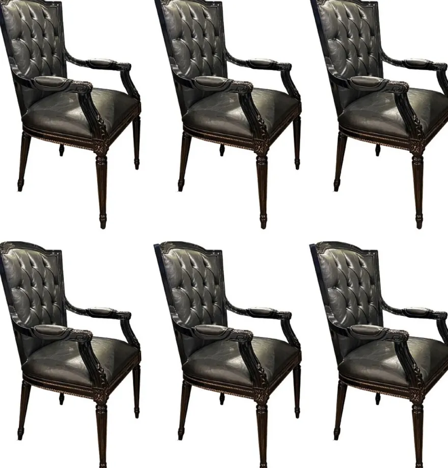 Casa Padrino Luxus Barock Esszimmerstuhl Set Schwarz - 6 Echtleder Küchen Stühle mit Armlehnen - Barock Esszimmer Möbel - Edel & Prunkvoll
