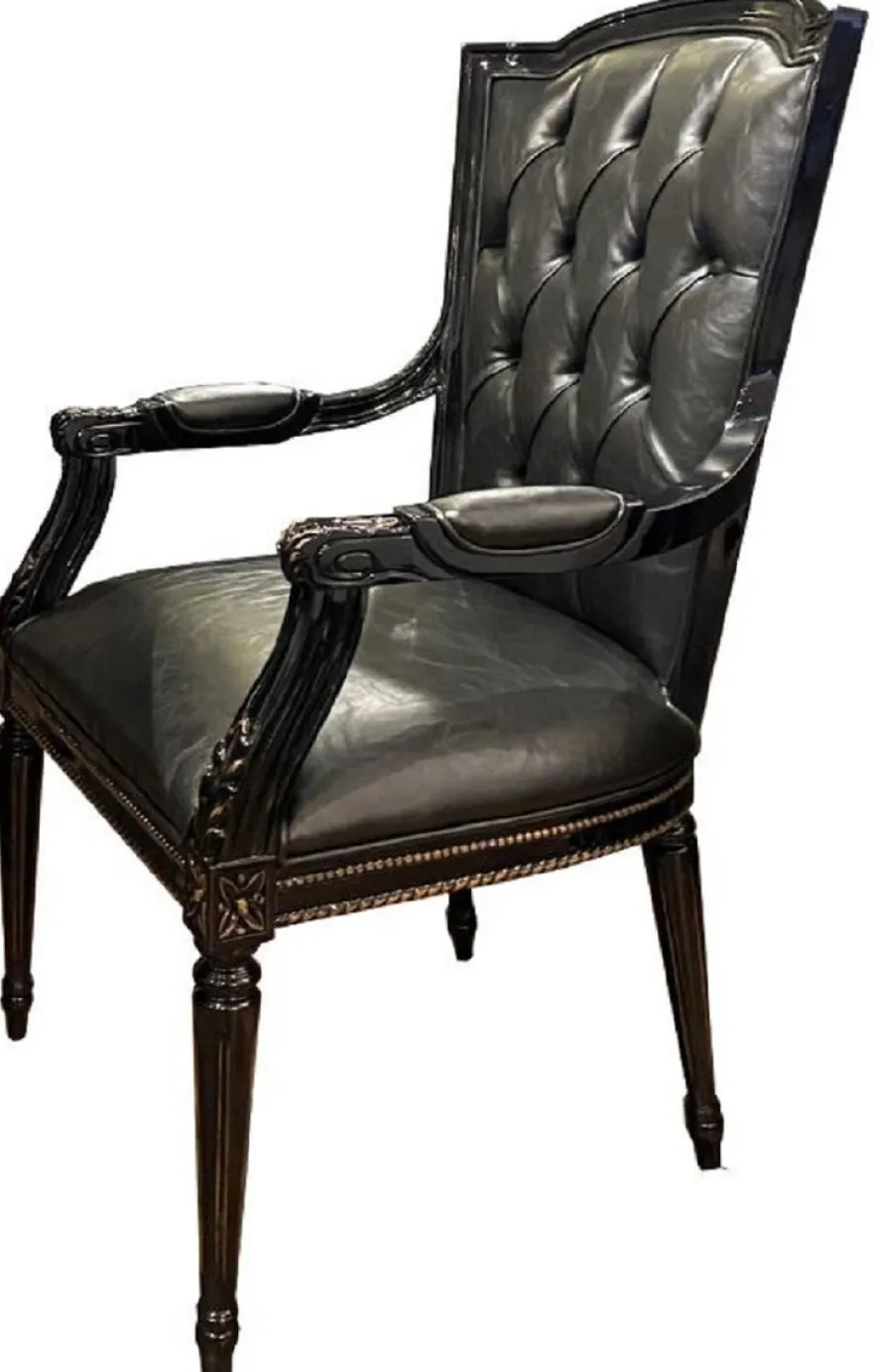 Casa Padrino Luxus Barock Esszimmerstuhl Set Schwarz - 6 Echtleder Küchen Stühle mit Armlehnen - Barock Esszimmer Möbel - Edel & Prunkvoll