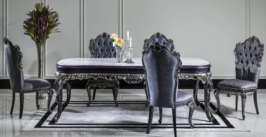 Casa Padrino Luxus Barock Esszimmerstuhl Set Blau / Gold - Handgefertigtes Küchen Stühle 6er Set - Barock Esszimmer Möbel - Edel & Prunkvoll