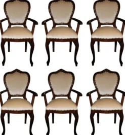 Casa Padrino Luxus Barock Esszimmer Set Creme / Braun 60 x 47 x H. 99 cm - 6 handgefertigte Esszimmerstühle mit Armlehnen - Barock Esszimmermöbel
