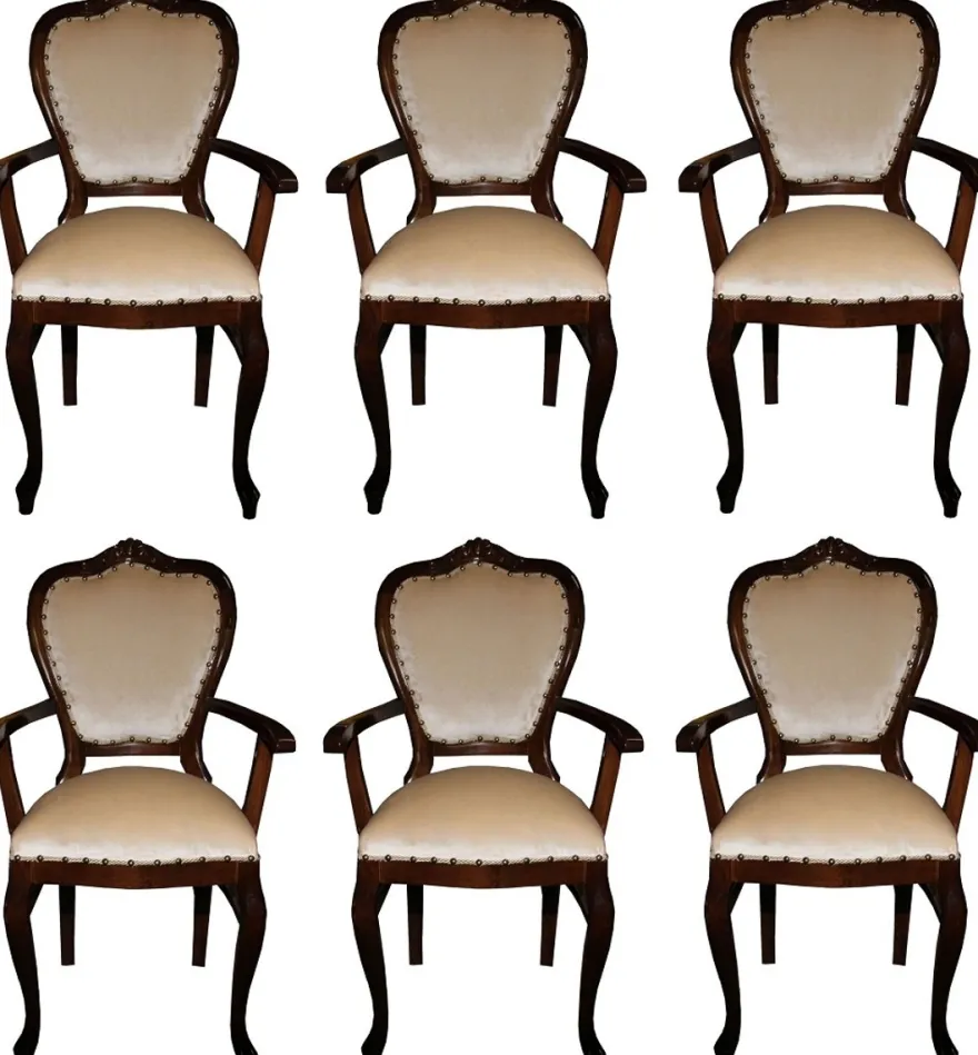 Casa Padrino Luxus Barock Esszimmer Set Creme / Braun 60 x 47 x H. 99 cm - 6 handgefertigte Esszimmerstühle mit Armlehnen - Barock Esszimmermöbel