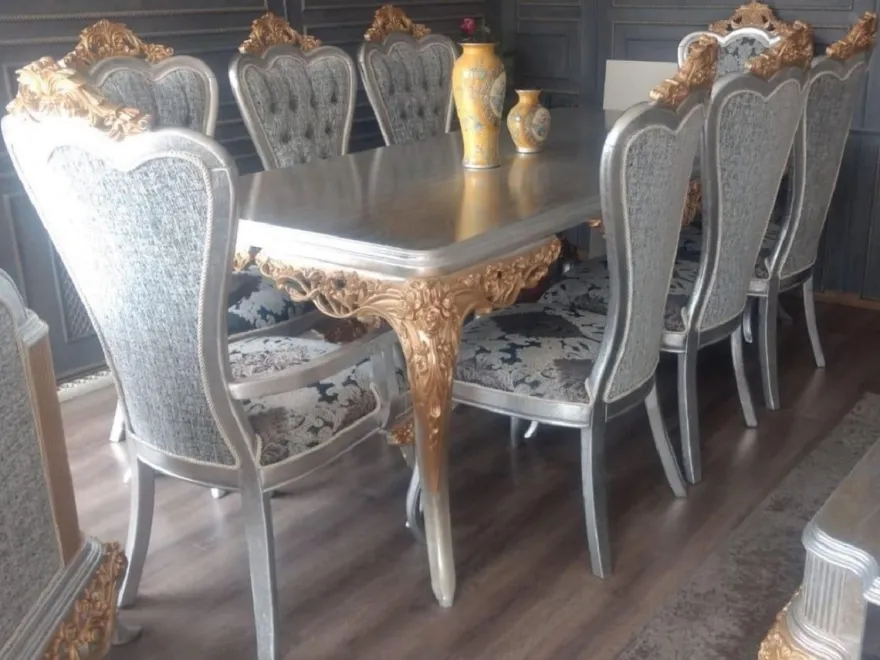 Casa Padrino Luxus Barock Esszimmer Set Blau / Weiß / Silber / Kupfer - 1 Barock Esstisch & 6 Barock Esszimmerstühle - Esszimmer Möbel im Barockstil - Edel & Prunkvoll