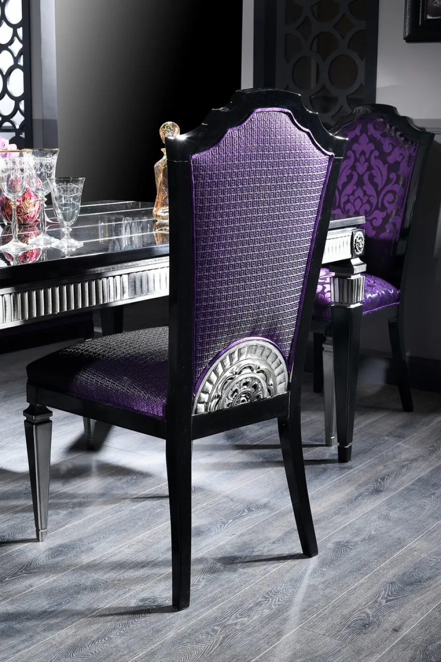Casa Padrino Luxus Barock Esszimmer Set Lila / Schwarz / Silber - Esstisch und 6 Esszimmerstühle - Esszimmermöbel im Barockstil