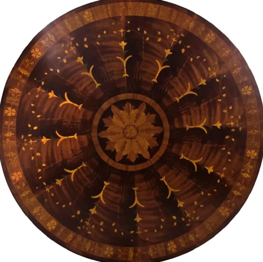 Casa Padrino Luxus Barock Esstisch Dunkelbraun Intarsien / Gold Ø 150 cm - Runder Barockstil Massivholz Küchentisch - Luxus Esszimmer Möbel im Barockstil - Barock Esszimmer Möbel