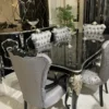 Casa Padrino Luxus Barock Esszimmer Set Silber / Schwarz / Silber - 1 Esstisch & 6 Esszimmerstühle - Barock Esszimmer Möbel - Edel & Prunkvoll