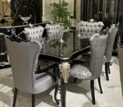 Casa Padrino Luxus Barock Esszimmer Set Silber / Schwarz / Silber - 1 Esstisch & 6 Esszimmerstühle - Barock Esszimmer Möbel - Edel & Prunkvoll