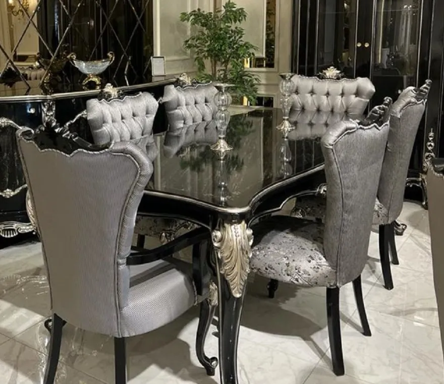 Casa Padrino Luxus Barock Esszimmer Set Silber / Schwarz / Silber - 1 Esstisch & 6 Esszimmerstühle - Barock Esszimmer Möbel - Edel & Prunkvoll