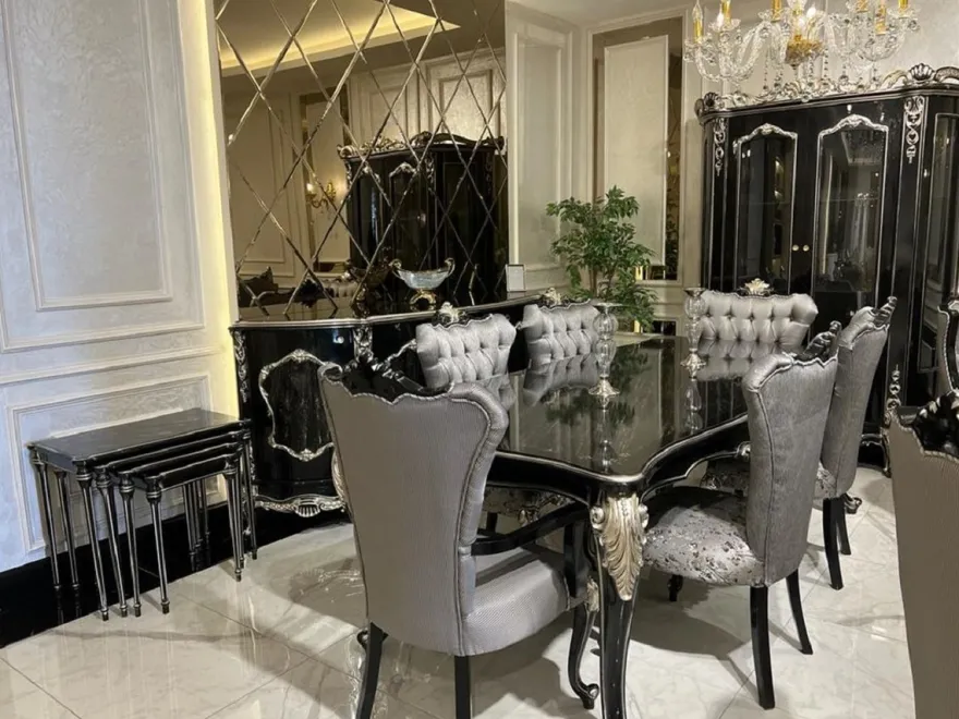 Casa Padrino Luxus Barock Esszimmer Set Silber / Schwarz / Silber - 1 Esstisch & 6 Esszimmerstühle - Barock Esszimmer Möbel - Edel & Prunkvoll