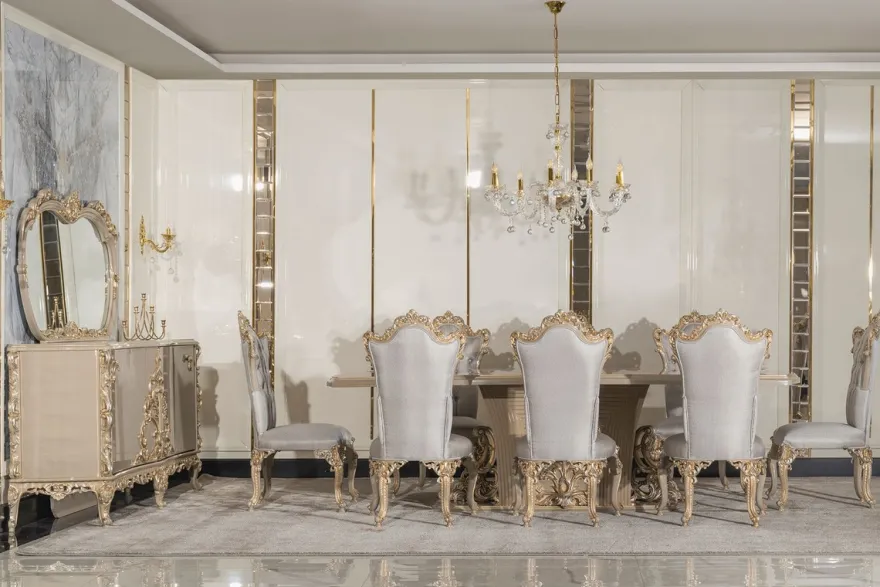 Casa Padrino Luxus Barock Esszimmer Stuhl 4er Set Silber / Grau / Gold - Prunkvolle Barockstil Küchen Stühle - Luxus Esszimmer Möbel im Barockstil - Barock Esszimmer Möbel - Barockstil Möbel