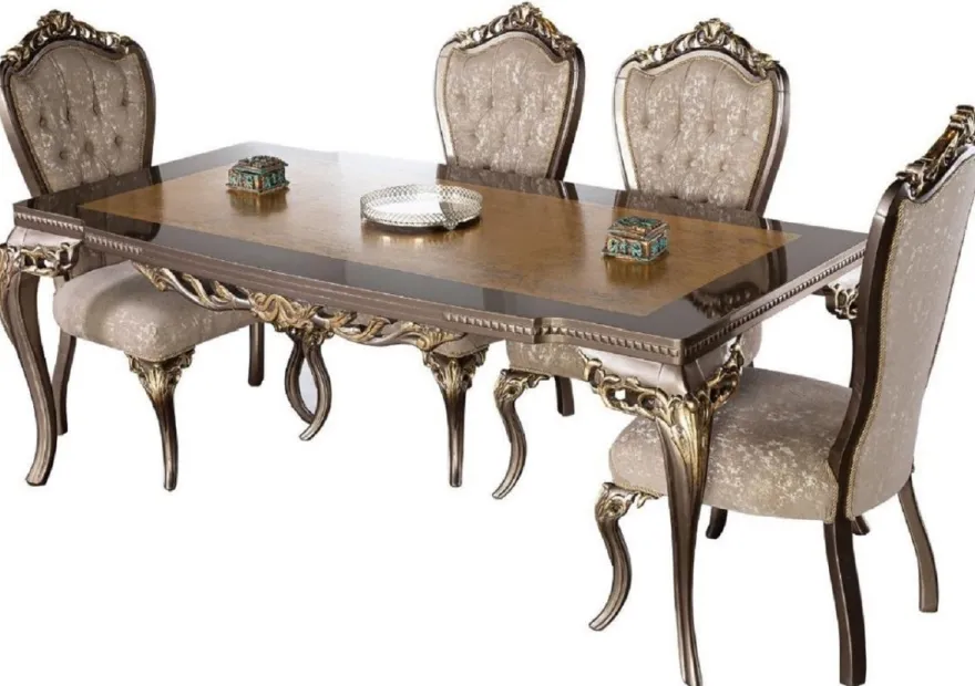 Casa Padrino Luxus Barock Esszimmer Set Braun / Grau / Dunkelgrau / Gold - 1 Barock Esstisch & 6 Barock Esszimmerstühle - Esszimmer Möbel im Barockstil - Edel & Prunkvoll