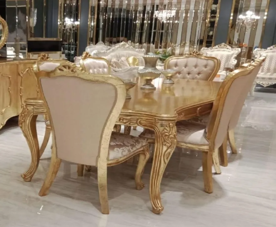 Casa Padrino Luxus Barock Esszimmer Set Rosa / Gold - 1 Barock Esstisch & 6 Barock Esszimmerstühle mit elegantem Muster - Esszimmer Möbel im Barockstil - Edel & Prunkvoll